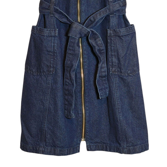 TOPSHOP MOTO Blue Denim Mini Dress Sleeveless Zip Up Front Belted Tie Waist 10 - Picture 4 of 13